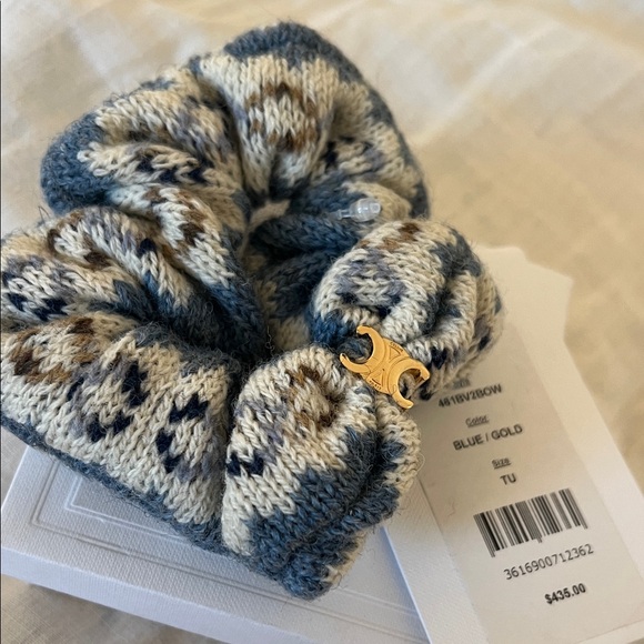 Celine Blue, Cream & Brown Knit Scrunchie with Gold Triomphe hair tie $435 - Picture 2 of 4